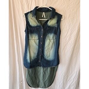 Glam Dollz Sleeveless Denim Distressed Button-Up Shirt Longer Back Size L